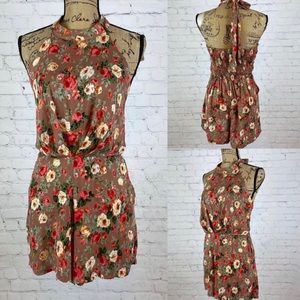 Angie Crinkly Floral Print Halter Style Pleated Front Romper